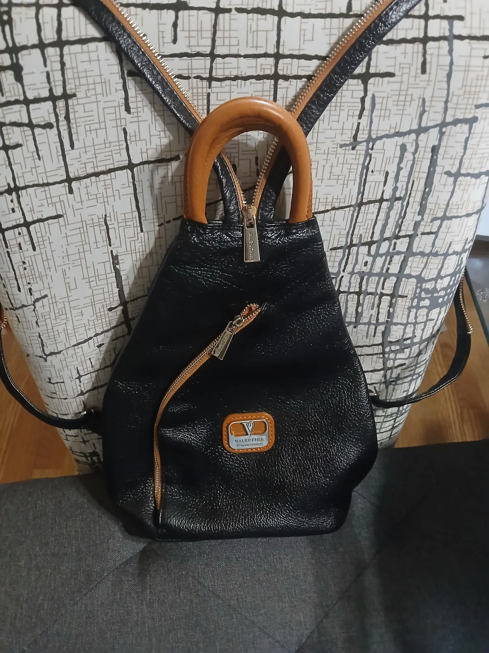 Valentina Style Black & Tan Leather Backpack Purse